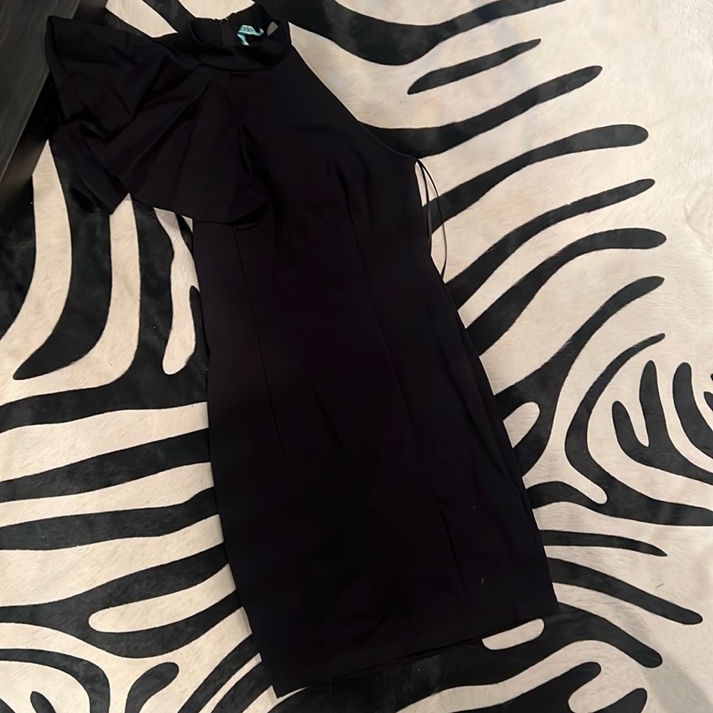 Karlie Ruffle Shoulder Asymmetrical Mini Body Con Dress